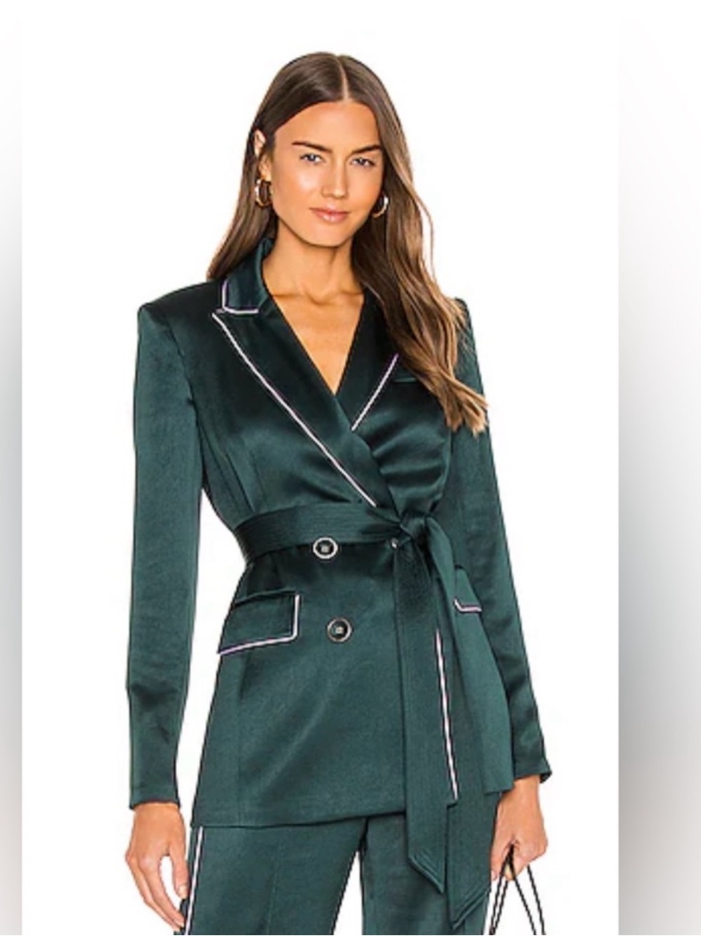 Veronica Beard Teal Satin Double-Breasted Blazer with Pink Piping